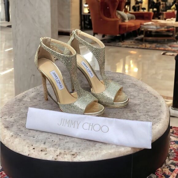 JIMMY CHOO SPARKLY GLITTERY T STRAP PEEP TOE HIGH HEEL STILETTO SHOES SIZE 37.5 - Picture 5 of 7